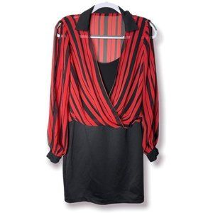Bisou Bisou Red Black Stripe Sheer Top Slit Sleeve Layered Sheath Dress Size 4